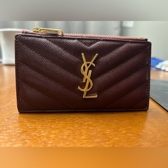 Saint Laurent YSL Cassandre Matelassé Zipped Card Case Burgundy Leather Wallet - Picture 4 of 14
